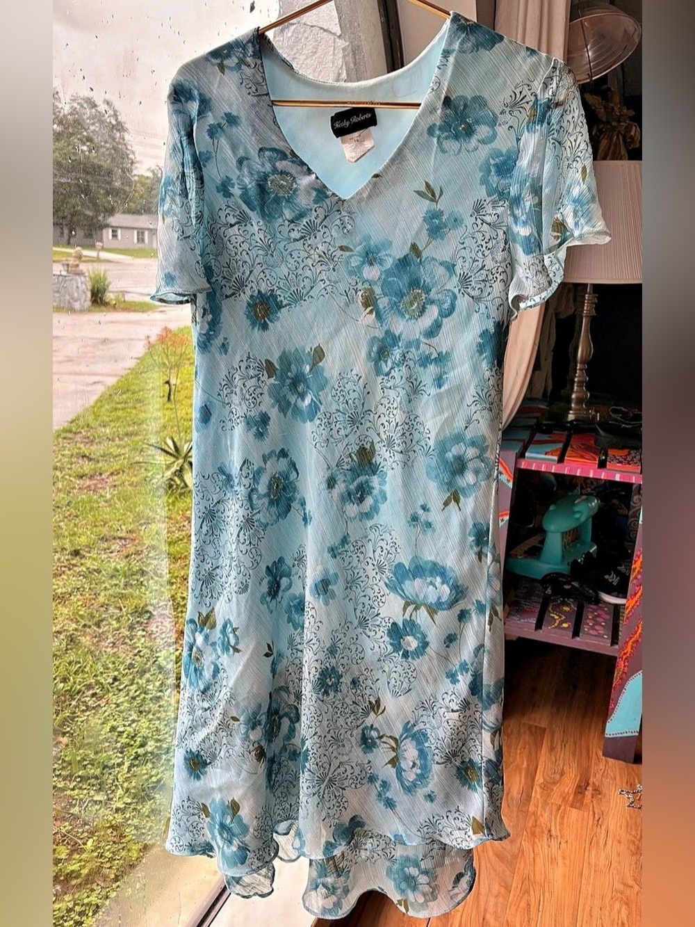 Kathy Roberts Floral V-Neck Midi Dress Blue & White Size 16